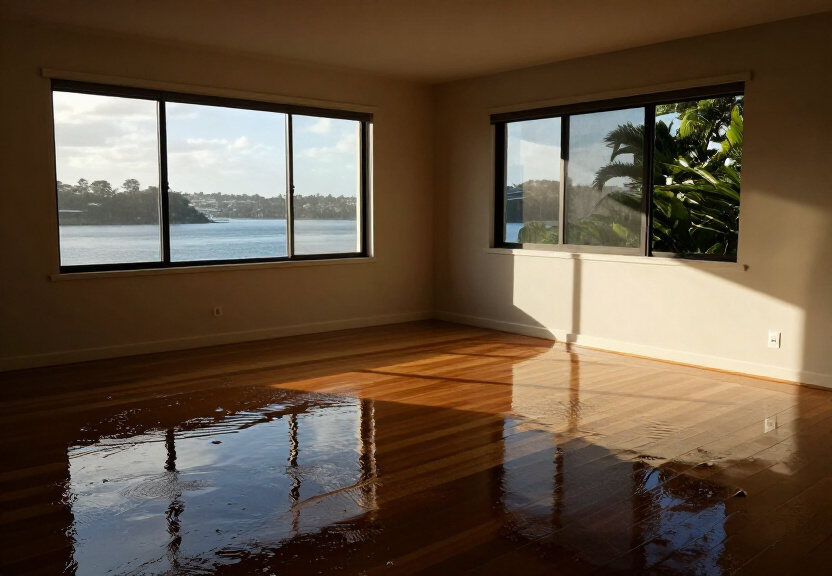 Flooded living room in Appin before restoration